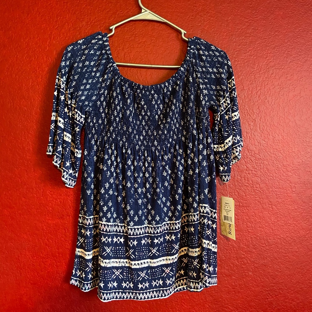 Navy blouse off the shoulder. w/ beautiful pattern